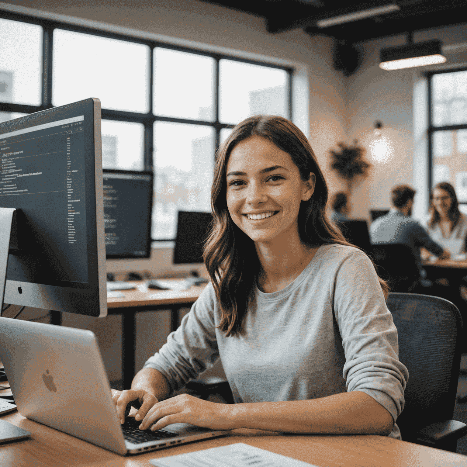 Imagen de una estudiante sonriente sentada frente a una computadora, mostrando su progreso en el desarrollo web