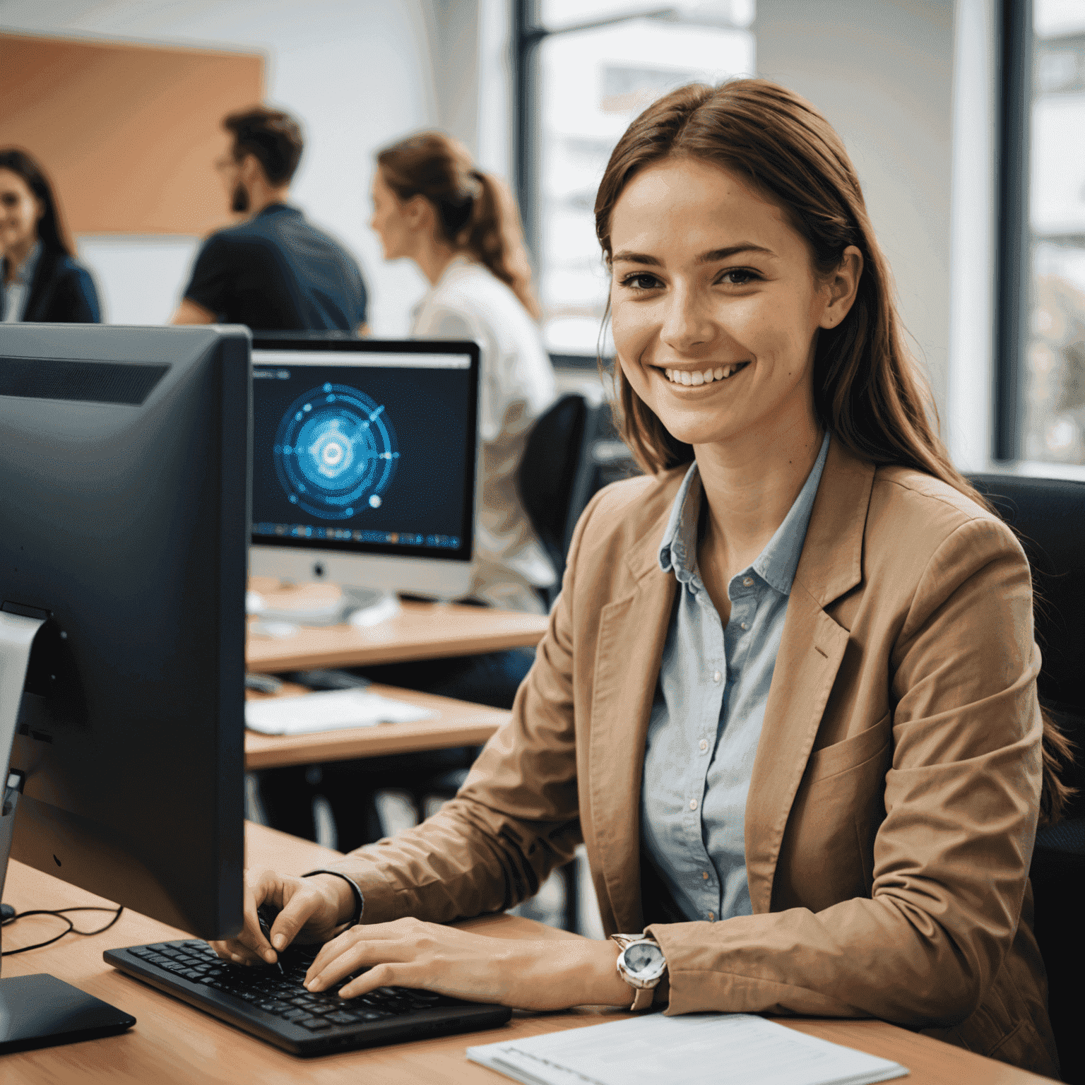 Imagen de una estudiante sonriente sentada frente a una computadora, mostrando su progreso en el desarrollo web