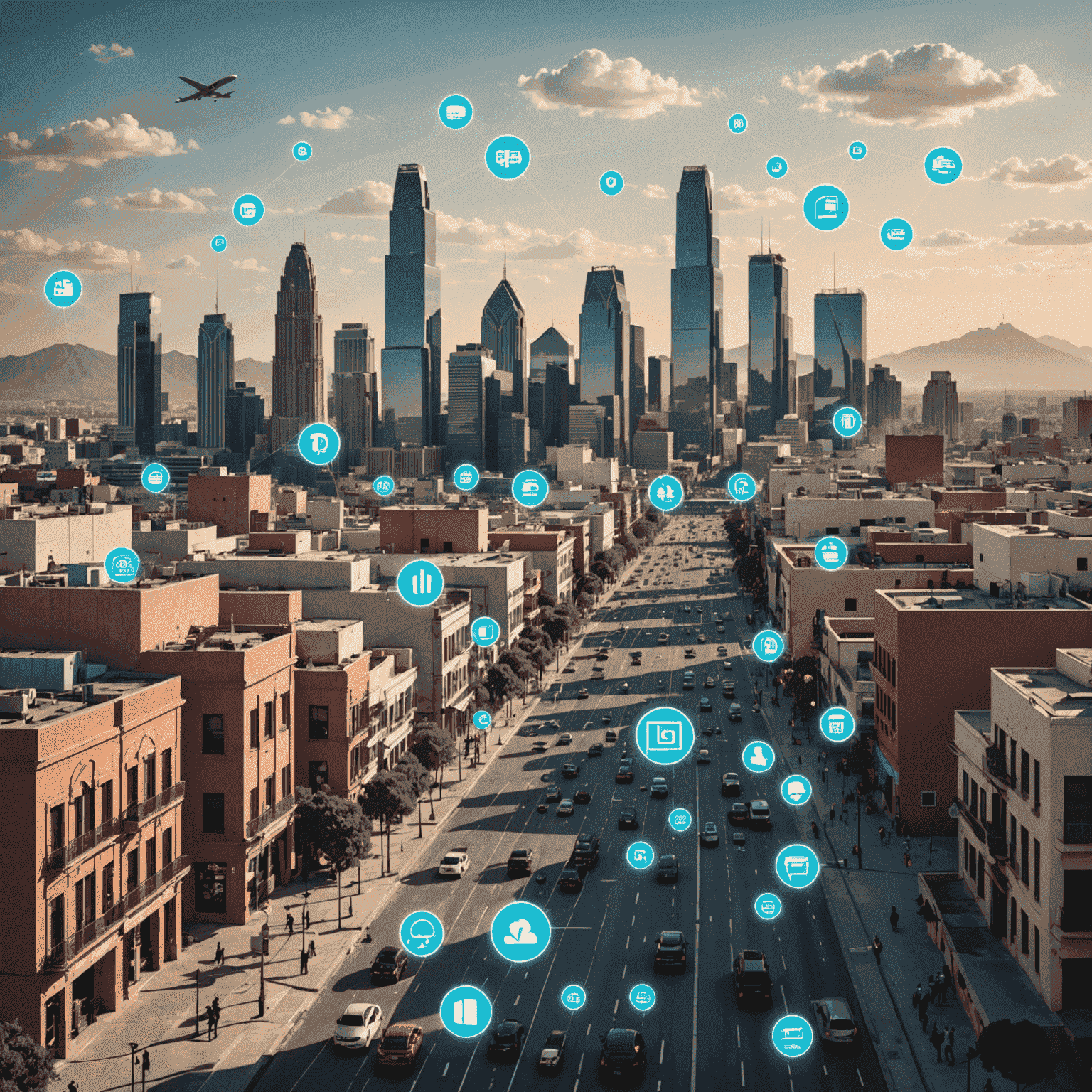 Imagen que muestra el skyline de una ciudad mexicana moderna con iconos de tecnología superpuestos