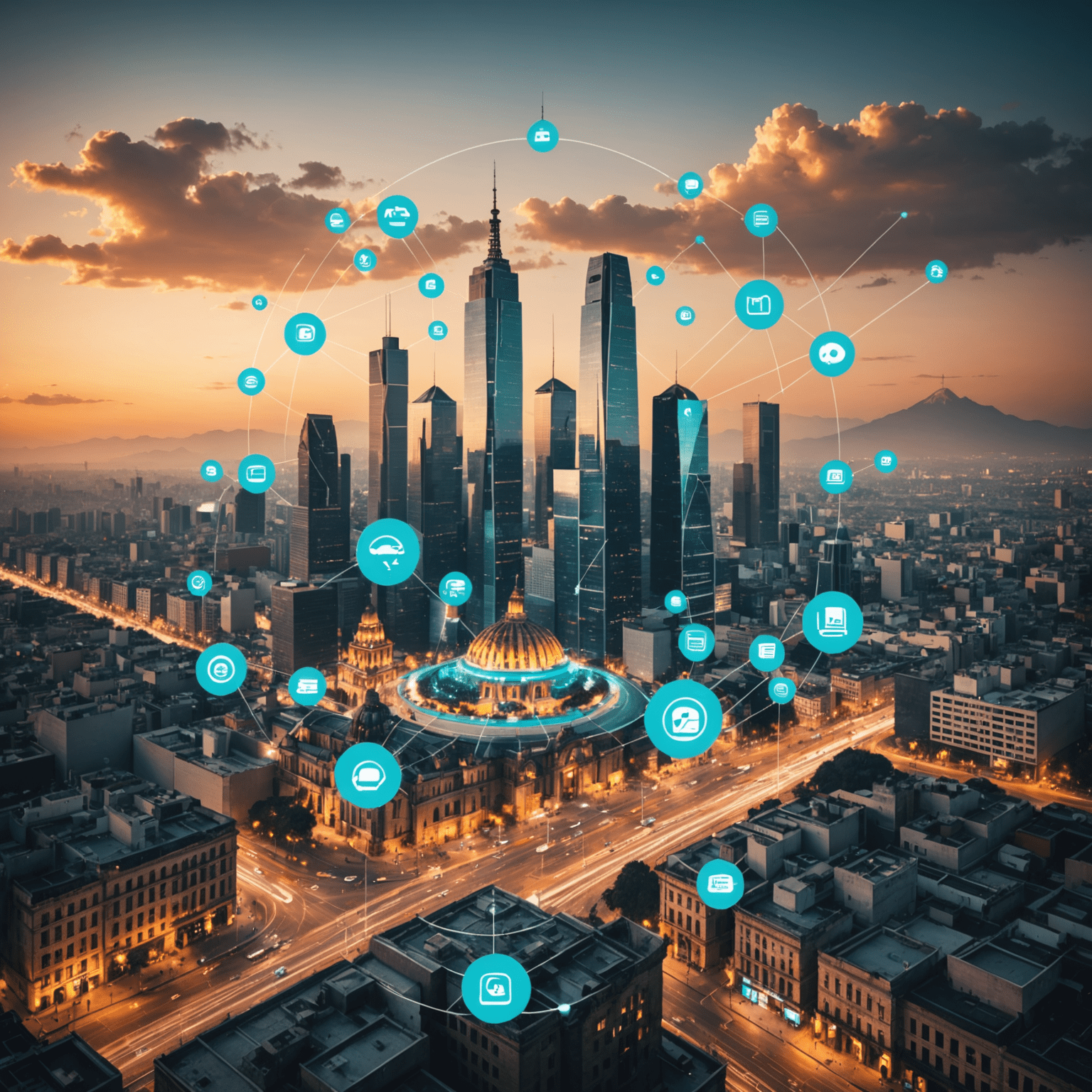 Imagen del skyline de la Ciudad de México con iconos de tecnología superpuestos