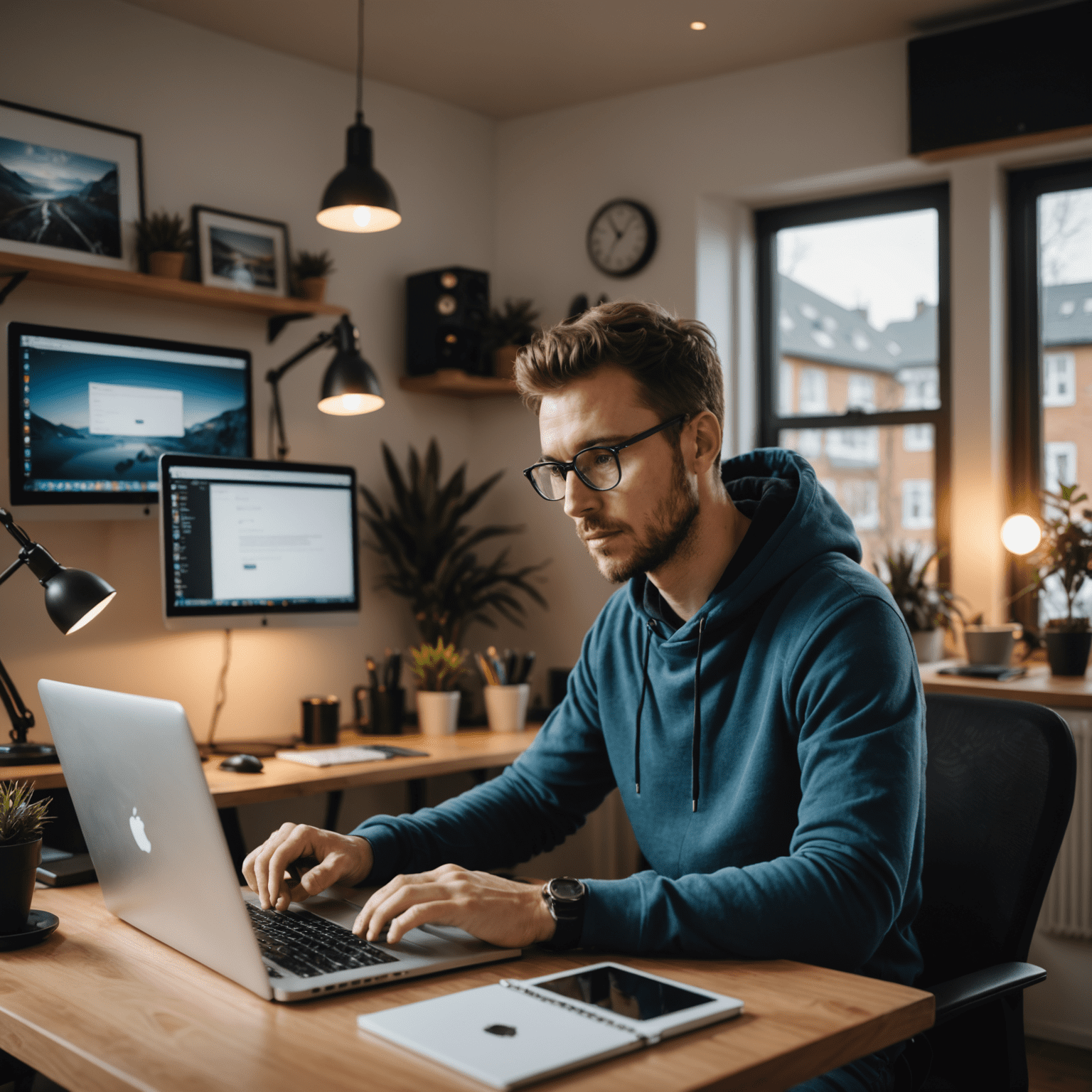 Imagen de un desarrollador web trabajando desde casa con una laptop y múltiples pantallas